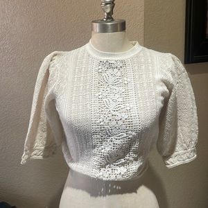 Zara small knit with a little shimmer for holiday. Cute bralette underneath!